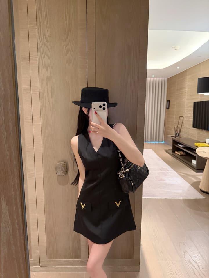 Valentino V-Neck Satin Dress with V Logo Detail in Black