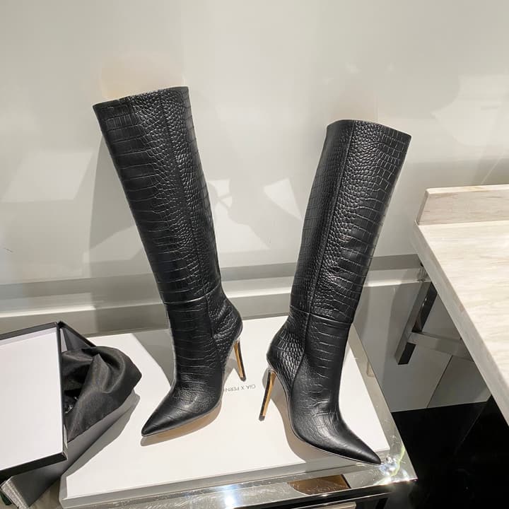 Paris Texas Crocodile Embossed Knee-High Boots – 2022 FW in Black Croc Embossed