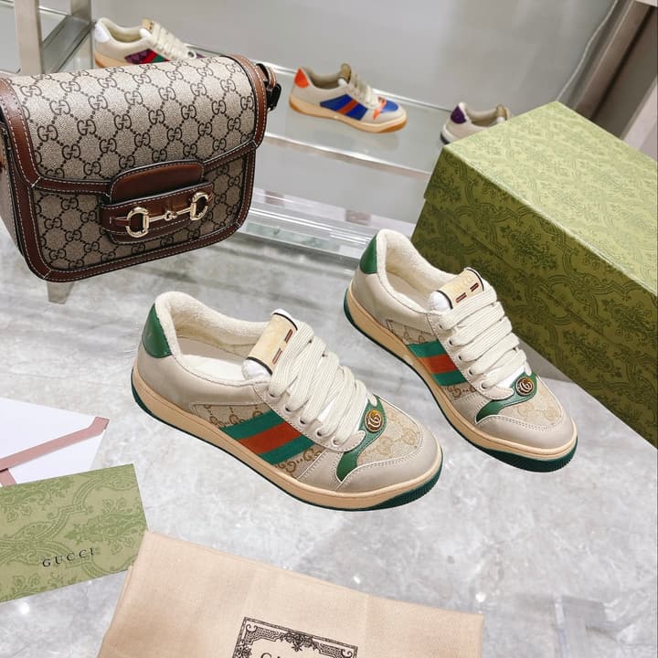 Gucci First Generation Distressed Leather Sneakers in Beige Distressed With Web Stripe
