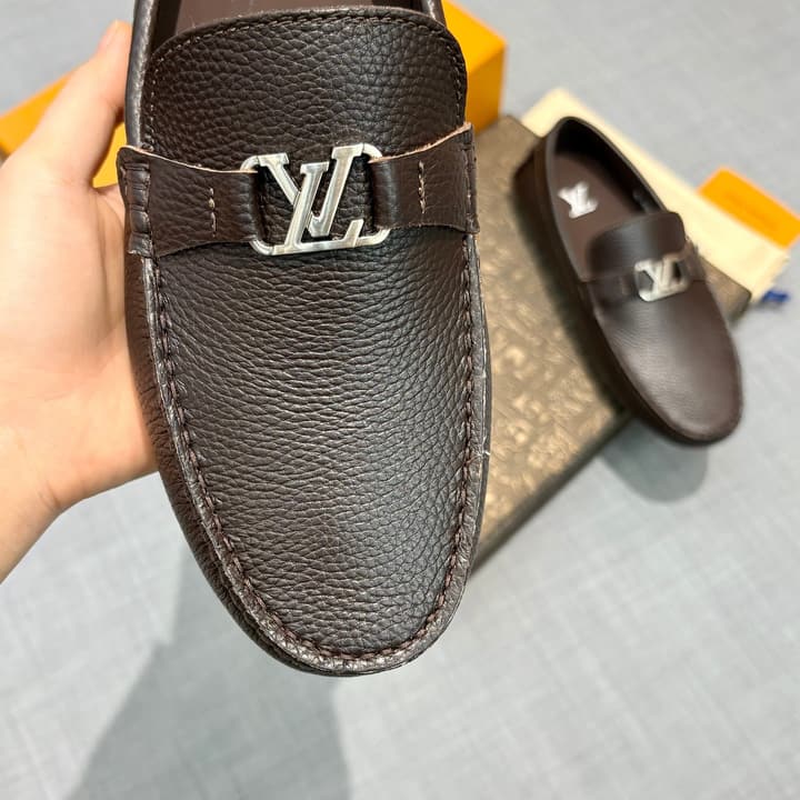 Louis Vuitton Men's Grained Leather Driving Shoes in Dark Gunmetal Hardware