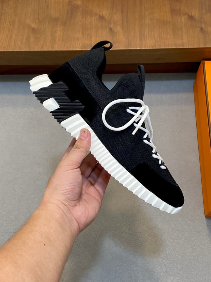 Hermès Suede and Denim Canvas Sneakers in Black And White