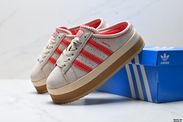 Adidas Originals Campus 00S WTR LO Padded Mules in Beige Suede With Red Stripes