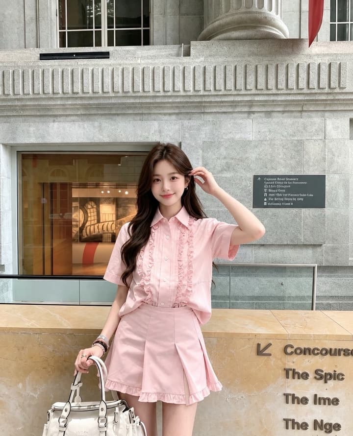 Miu Miu Embroidered Ruffle Shirt and Pleated Skort Set in Pink