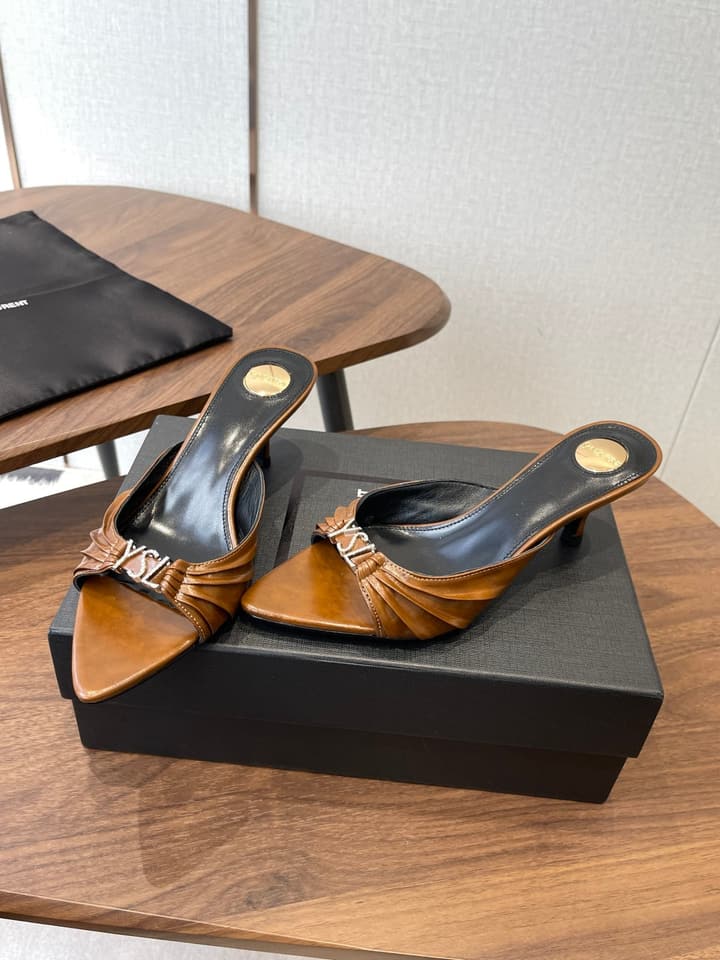 Saint Laurent Pointed Toe Stiletto Heeled Sandals – 26SS in Black - Gold Logo Plaque