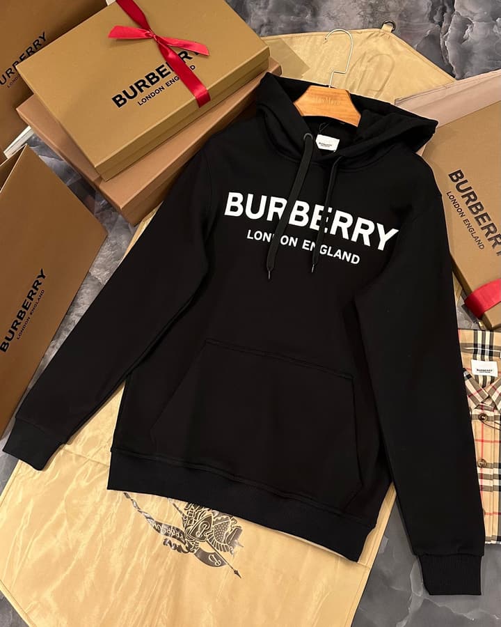 Burberry London England Logo Print Cotton Hoodie in Black With White Logo Print