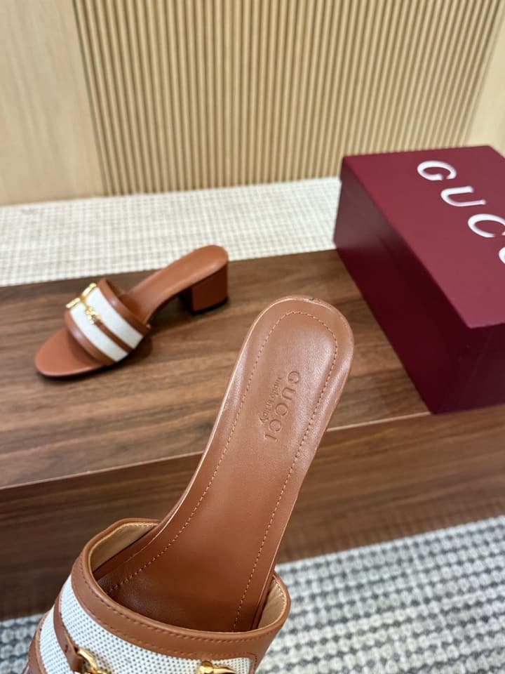 Gucci D-Horsebit Mule Sandals in Brown Gg Canvas