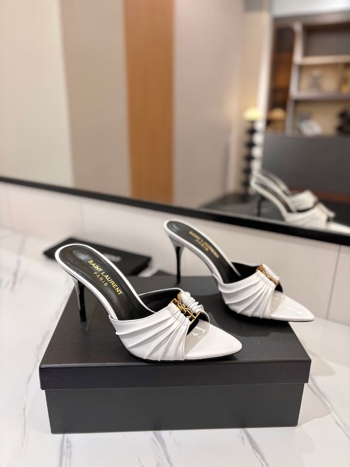 Saint Laurent Crystal Chain Patent Leather Heeled Sandals – 2025 Spring/Summer Collection in White Patent