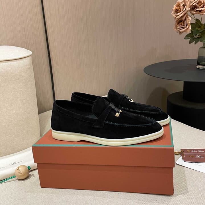 Loro Piana Summer Charms Walk Moccasin Loafers in Black Leather