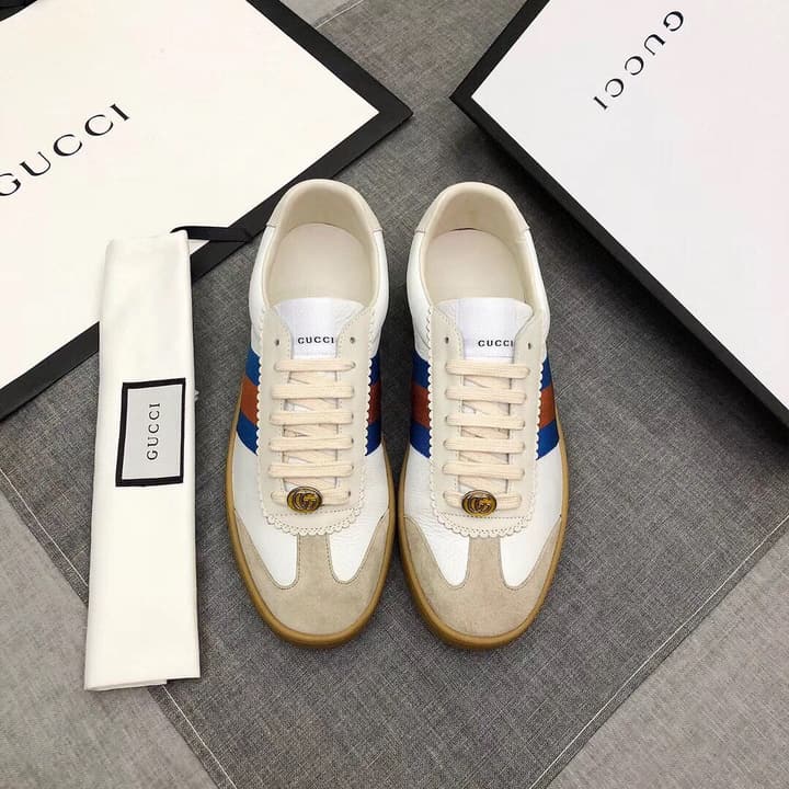 Gucci High-End Casual Leather Sneakers in White Pearlescent With Web Stripe