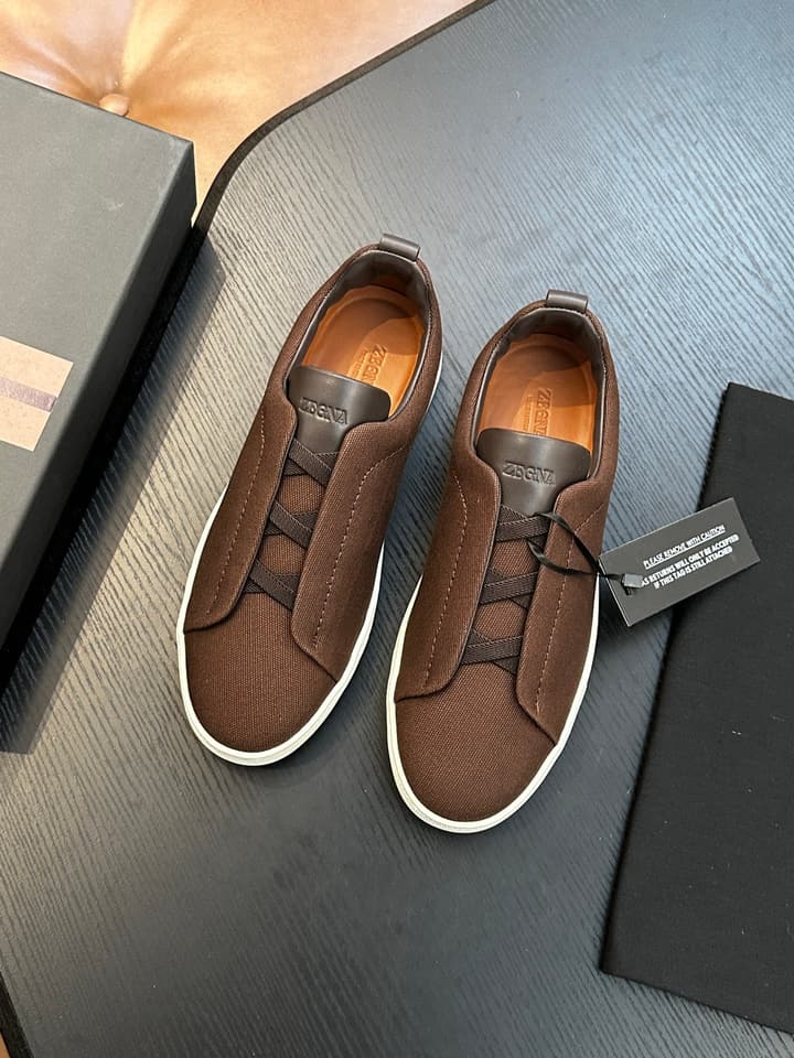 Zegna Triple Stitch Low-Top Sneakers in Dark Brown