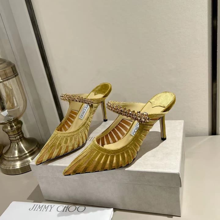 Jimmy Choo Pointed Toe Crystal Heeled Sandals – 2025 Collection in Black Suede