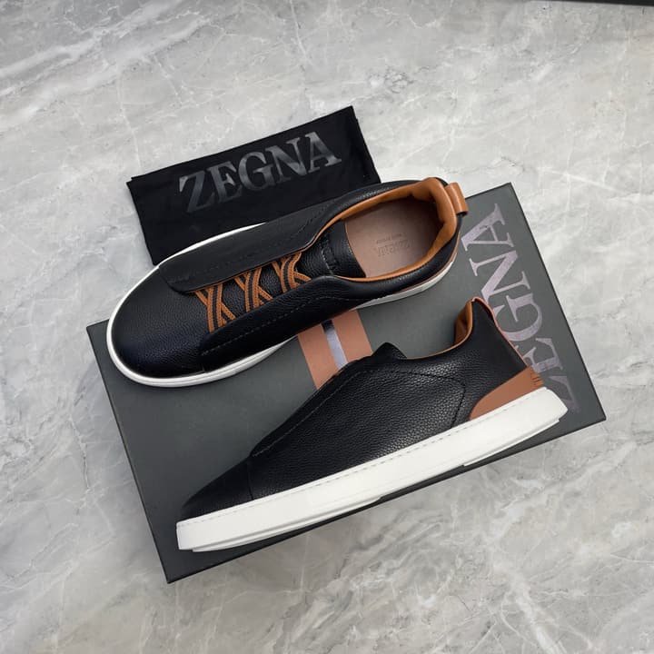 Zegna Triple Stitch Low-Top Sneakers in Navy Blue