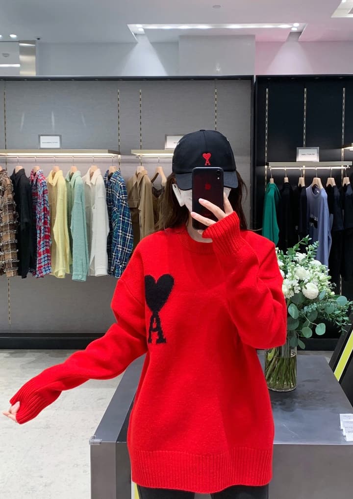 AMI Paris Heart Logo Knitted Sweater in Vibrant Red