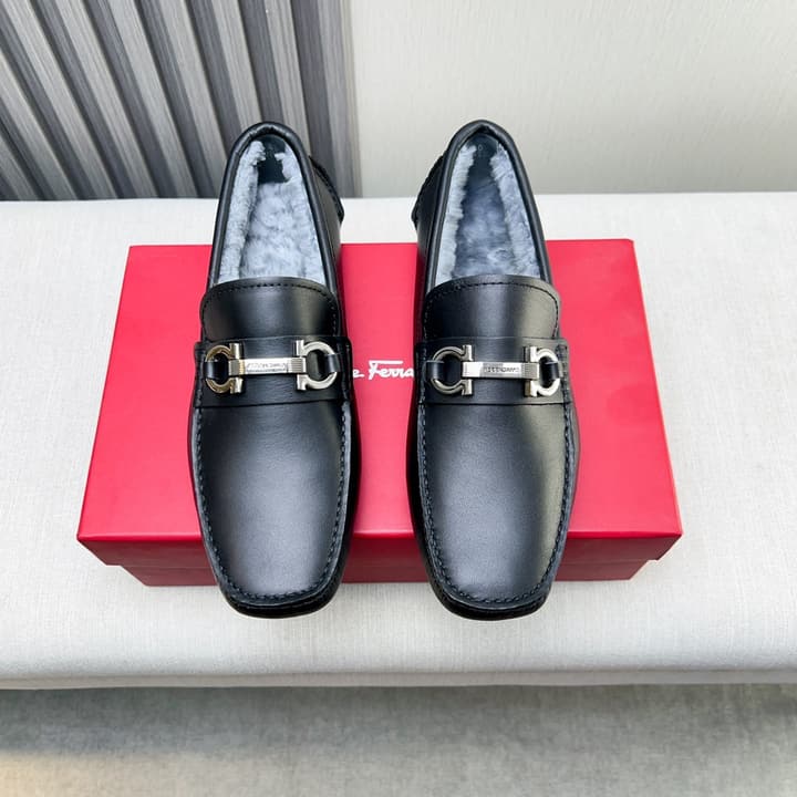 Ferragamo Imported Cowhide Fur-Lined Loafers in Black Patent Leather