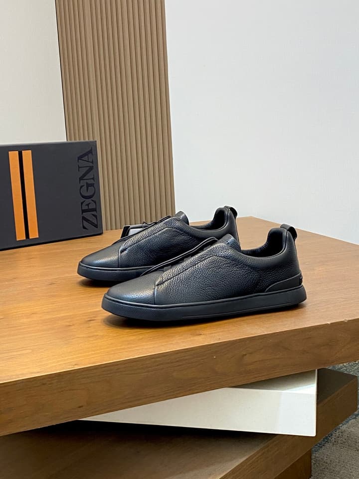 Ermenegildo Zegna Triple Stitch Sneakers in Black Leather With Brown Tag