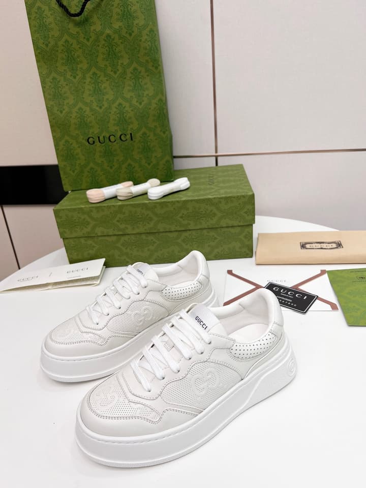 Gucci Chunky Lightweight Platform Sneakers in White Embossed Leather Sneaker