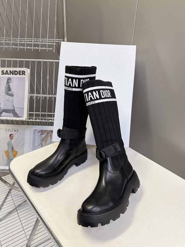 Dior Autumn/Winter Knight Knee-High Boots in Black Knit Sock Boot