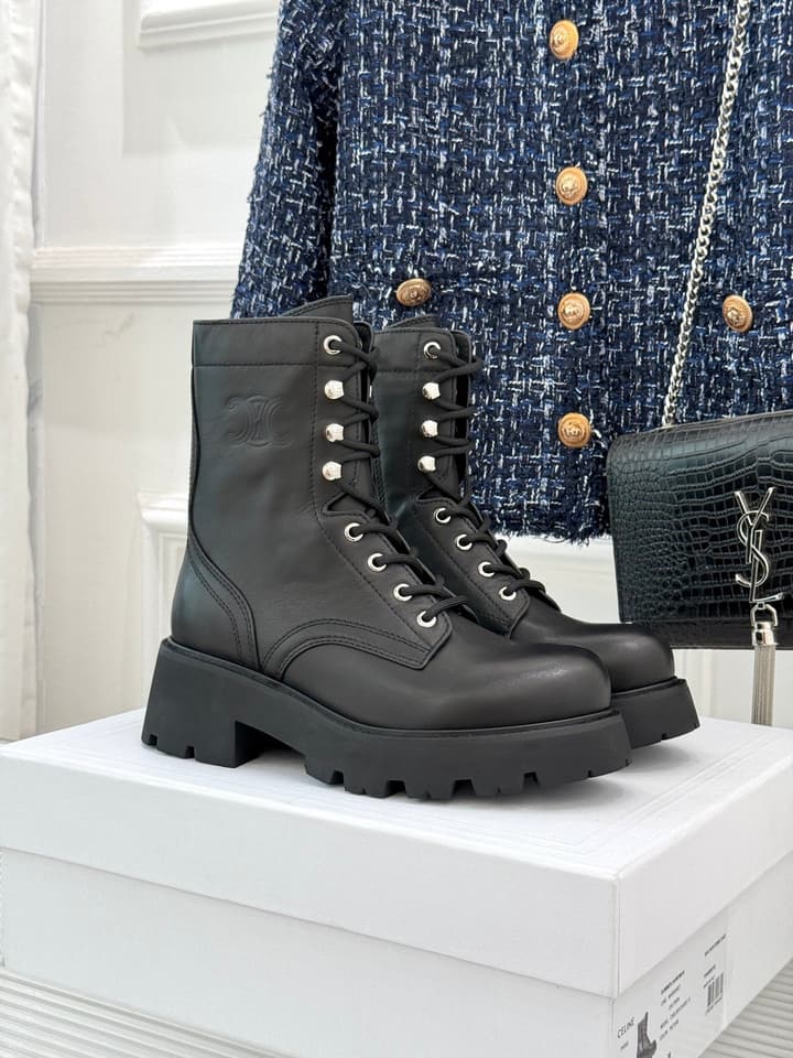 Celine Classic Triomphe Platform Martin Boots in Black Leather