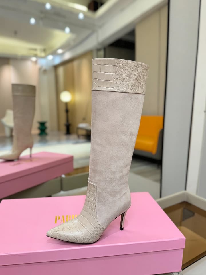 Paris Texas Crocodile Embossed Stiletto Knee-High Boots in Black Suede And Leather