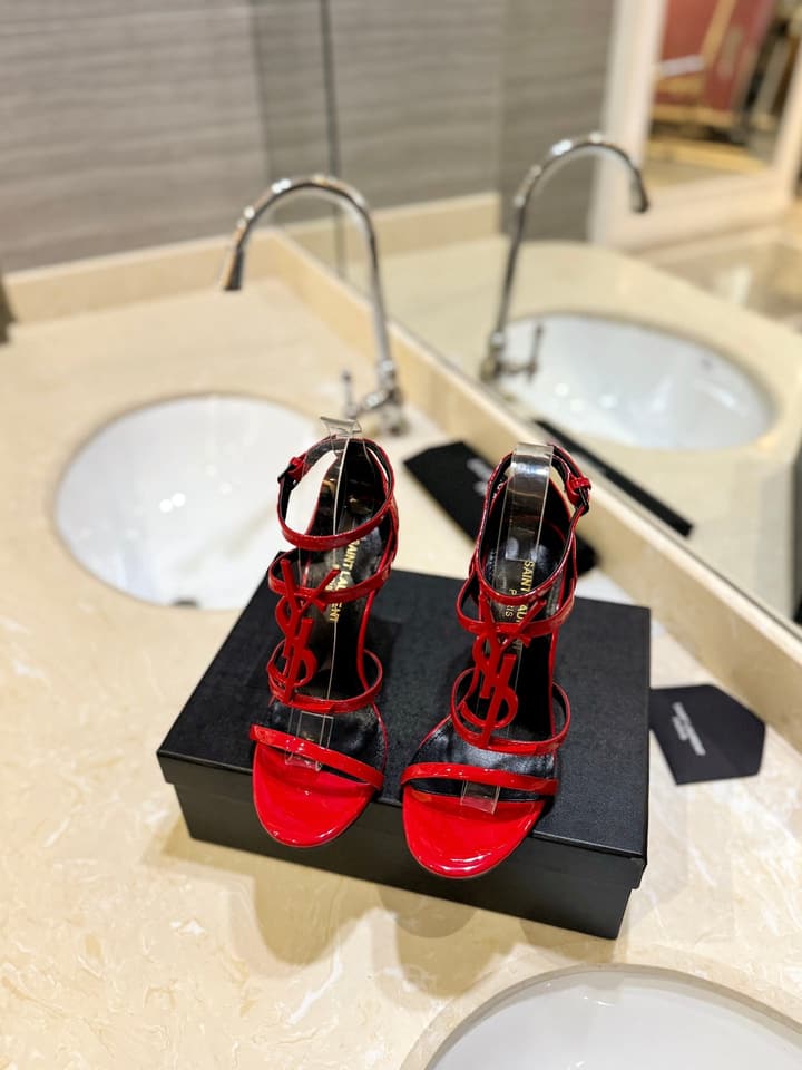 Saint Laurent YSL Logo Lacquer Heeled Sandals in Black Matte With Black Logo