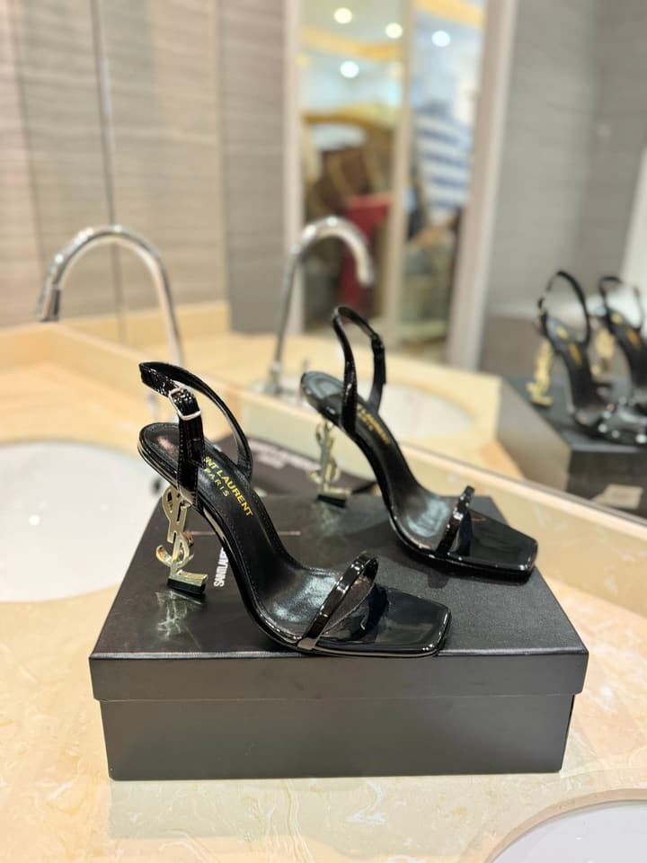 Saint Laurent YSL Logo Heeled Sandals in Apricot Patent