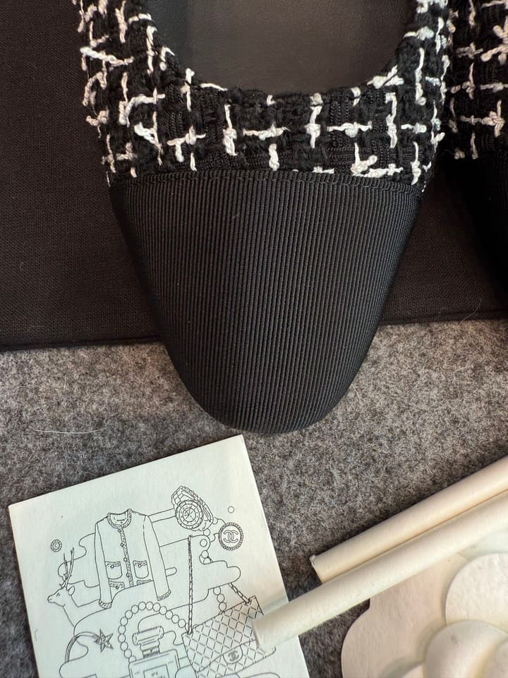 Chanel Classic Slingback Heels in Bright Black And White Tweed