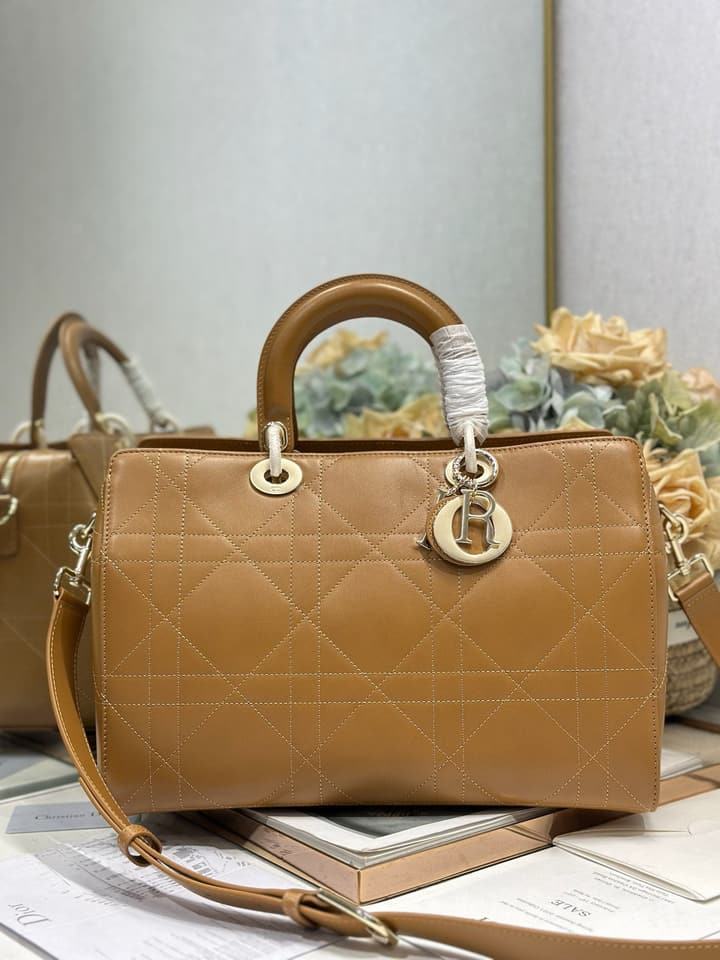 Dior Lady Dior Large Tote Bag in Dark Cognac With Gold Hardware