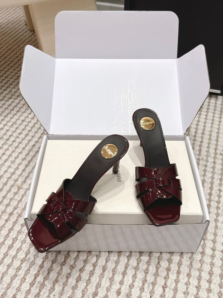 Saint Laurent Melody Square-Toe Heeled Sandals – 2026 Spring/Summer Collection in Beige Patent