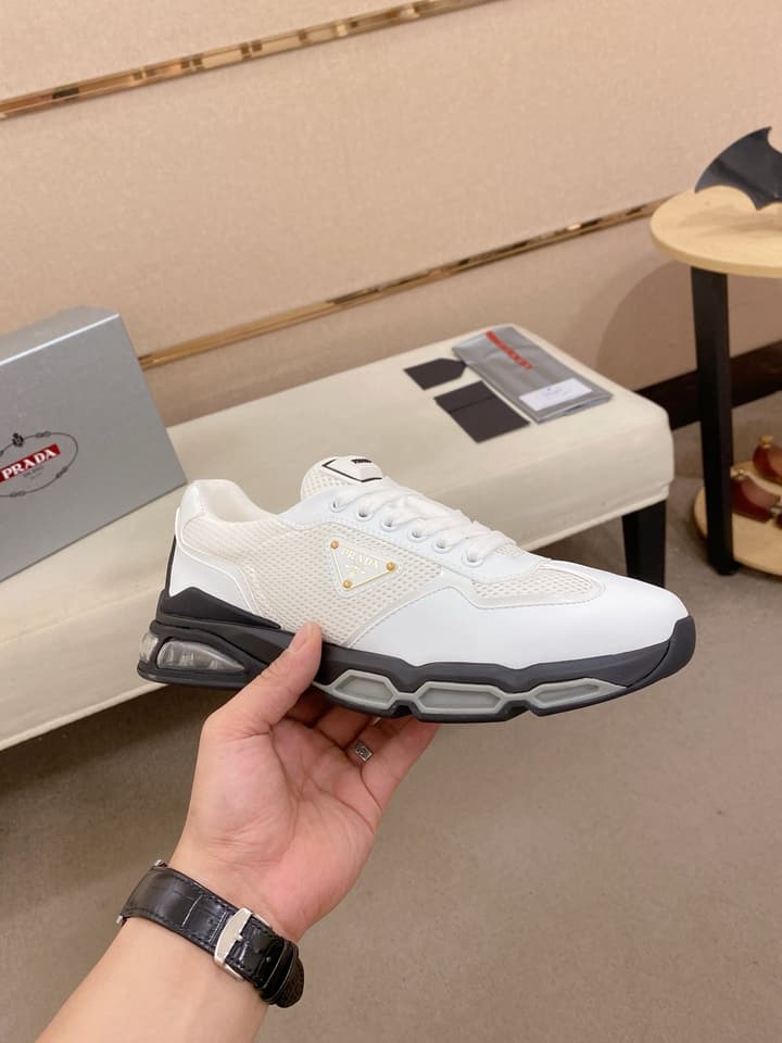Prada Men's Leather Mesh Sneakers – New Collection in Light Grey With White Logo