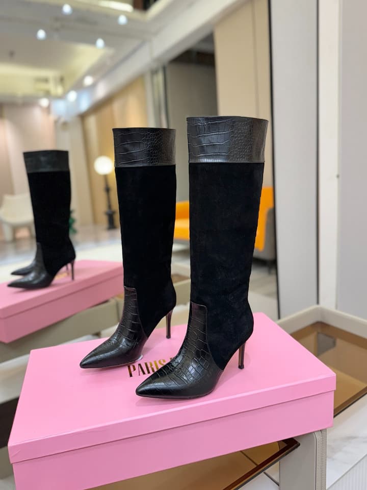 Paris Texas Crocodile Embossed Stiletto Knee-High Boots in Black Suede And Leather