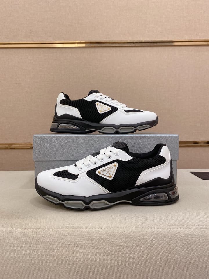 Prada Men's Leather Mesh Sneakers – New Collection in Light Grey With White Logo