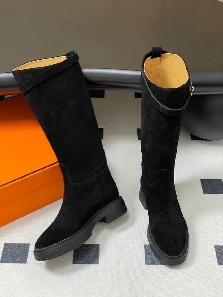 Hermès Jumping Kelly Buckle Knee-High Boots in Black Leather
