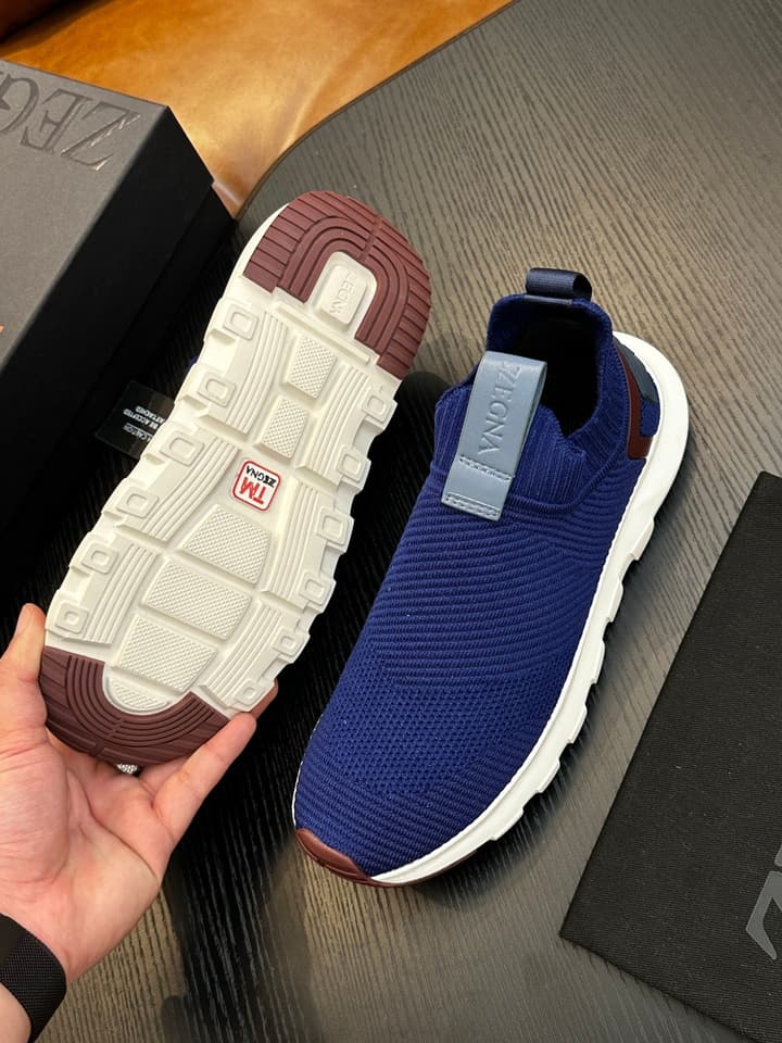 Zegna Techmerino Slip-On Sneakers in Dark Navy With Green Accent