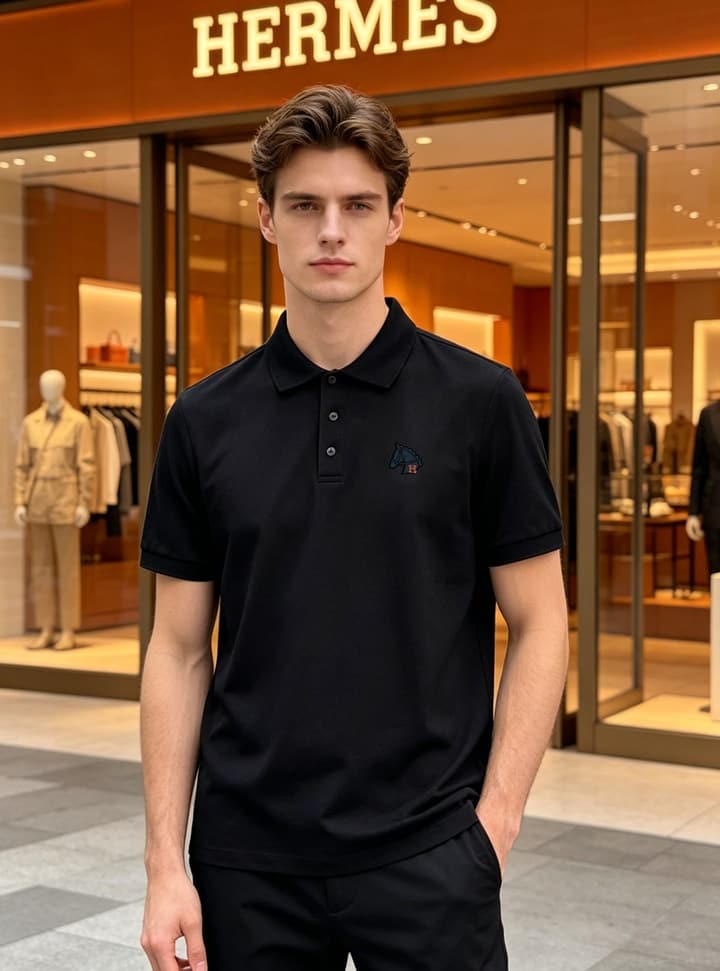 Hermès 3D Horse Flocking Polo Shirt in Black