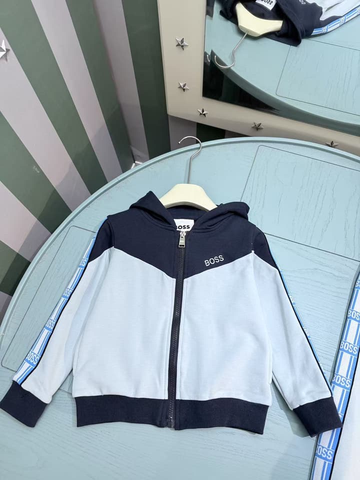 Boss Kids Sweatshirt and Pants Tracksuit Set – 2025SS in Navy And Light Blue Color Block Set