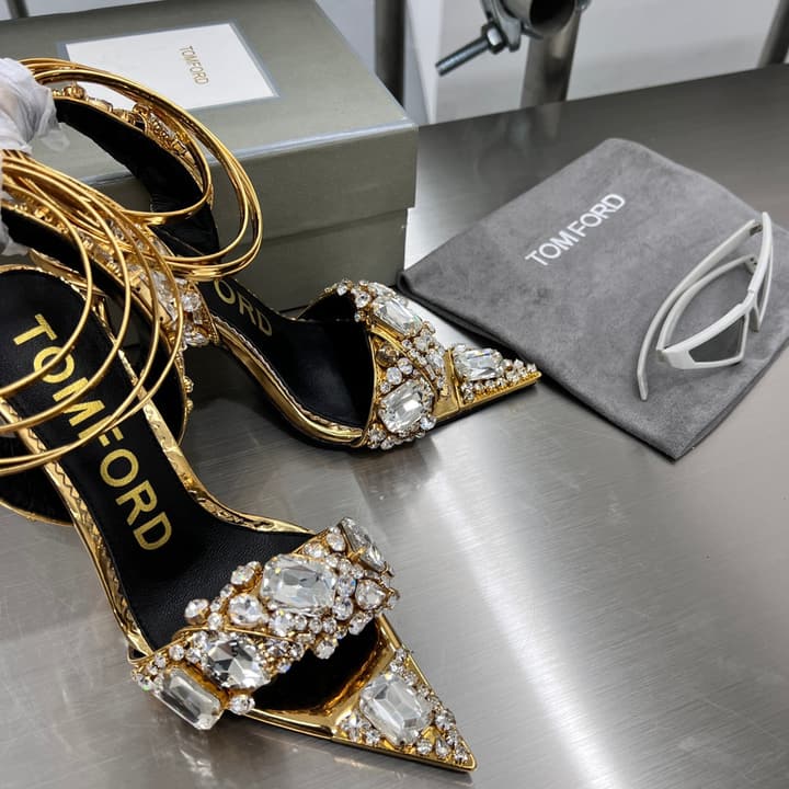 Tom Ford Gold Crystal Heeled Sandals in Metallic Gold