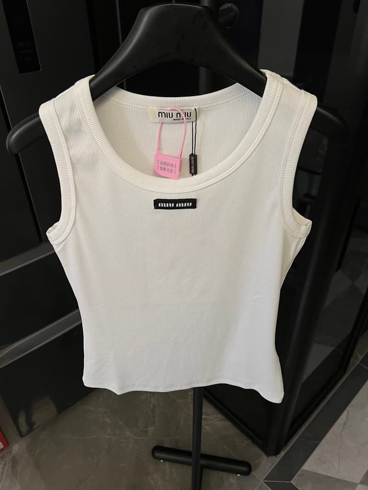 Miu Miu Ribbed Cotton Logo Tank Top – 25SS in Grey