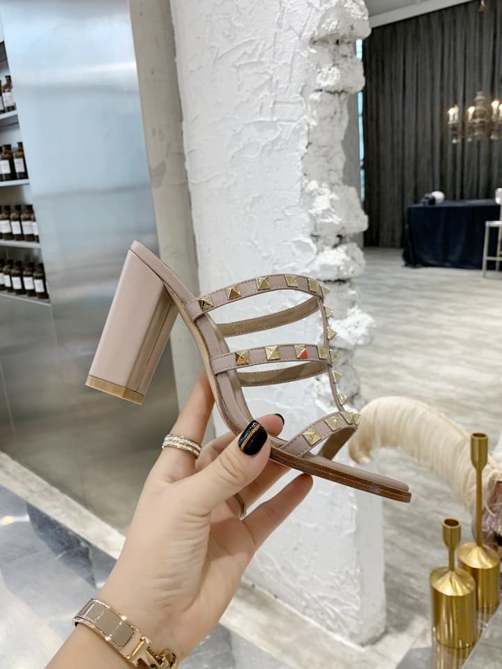 Valentino Studded Classic Block Heel Sandals in Beige