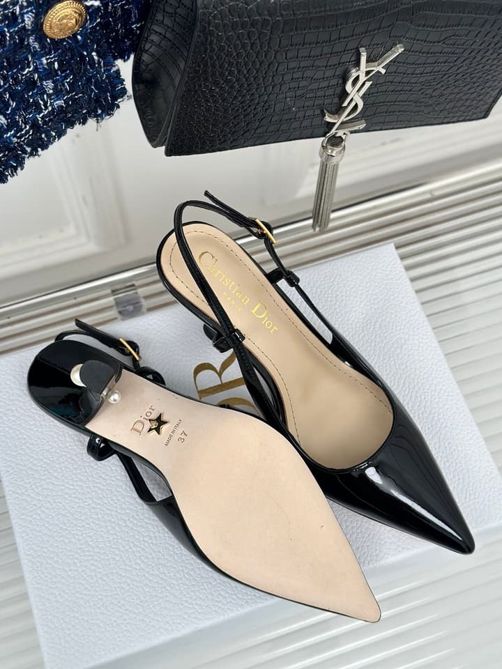 Dior Pearl Heel Pointed-Toe Slingback Mules – Spring/Summer Collection – 2024 in Black Leather