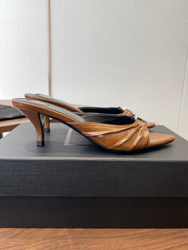 Saint Laurent Pointed Toe Stiletto Heeled Sandals – 26SS in Black - Gold Logo Plaque