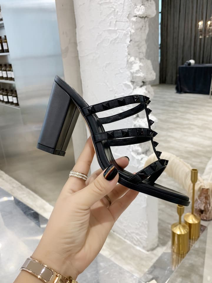 Valentino Studded Classic Block Heel Sandals in Beige