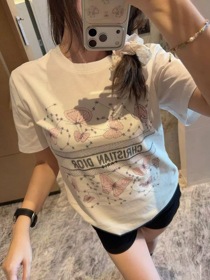 Dior Pink Butterfly Rhinestone Print T-Shirt in White With Pink Butterfly Print