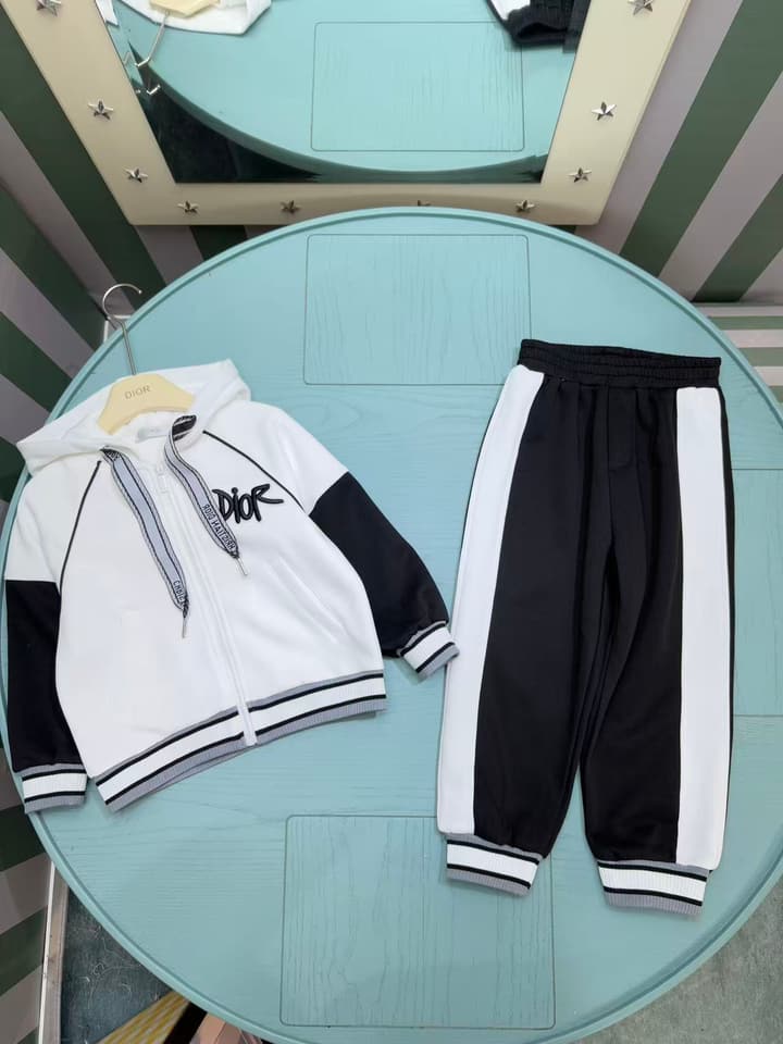 Dior High-End Children's Hooded Tracksuit Set – Kids Collection – 2025AW in Black And White Monogram
