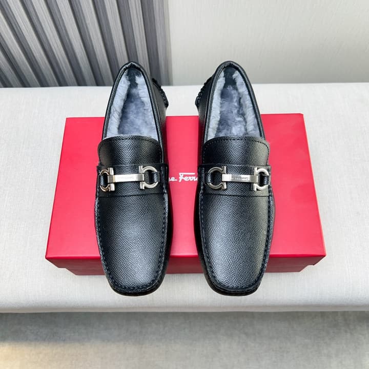 Ferragamo Imported Cowhide Fur-Lined Loafers in Black Patent Leather
