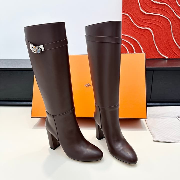 Hermès Kelly Buckle High Heel Knee-High Boots in Black Leather