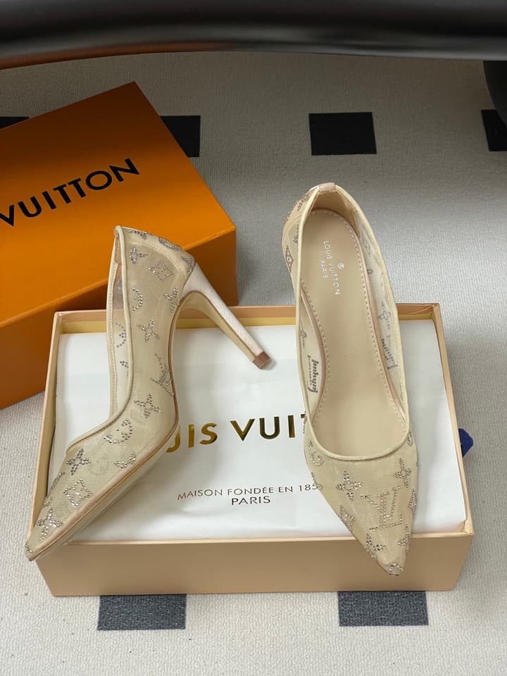 Louis Vuitton Gala Mesh Rhinestone High Heels – 25SS in Beige Monogram Lace