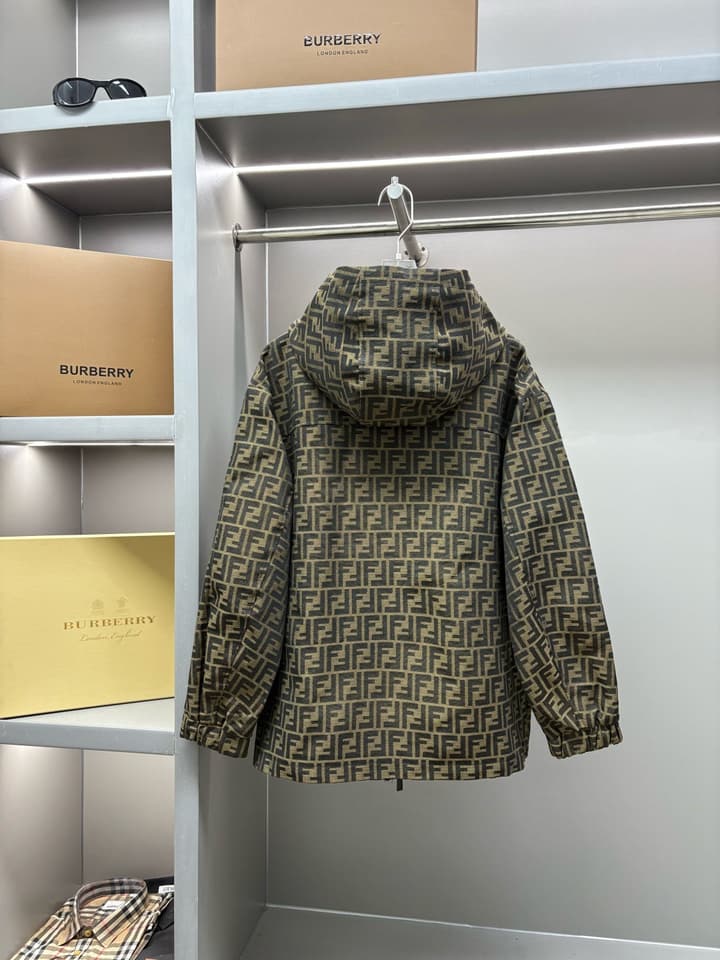 Fendi FF Jacquard Hooded Thin Jacket in Olive Brown Ff Jacquard