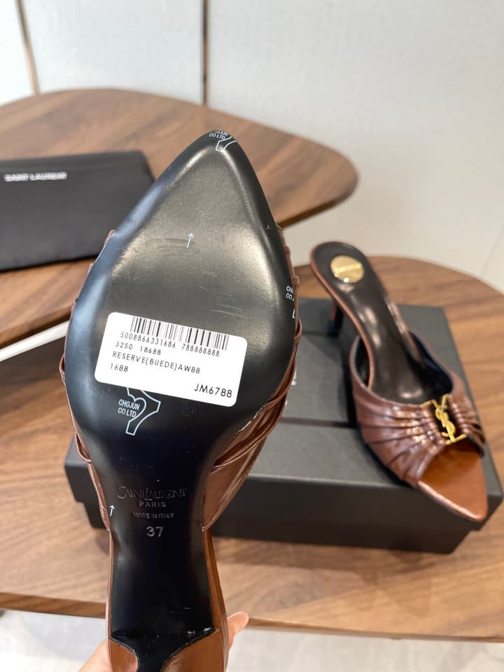 Saint Laurent Pointed Toe Stiletto Heeled Sandals – 26SS in Black - Gold Logo Plaque