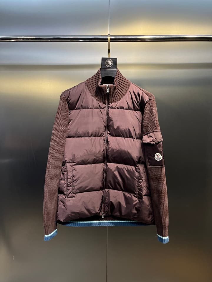 Moncler Knitted Patchwork Stand-Collar Jacket in Dark Brown
