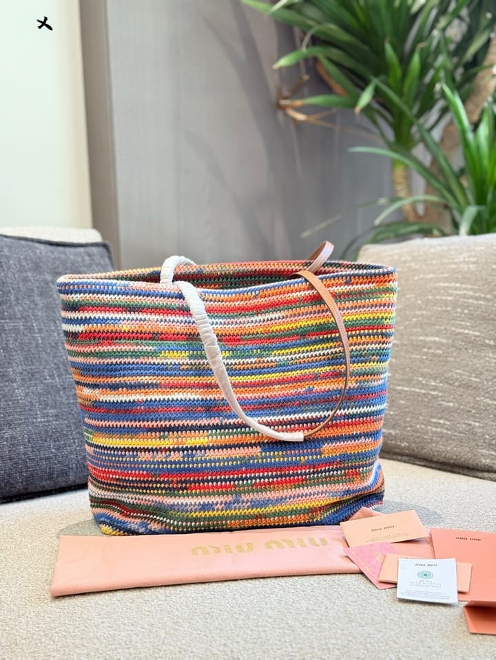 Miu Miu Rainbow Knit Crochet Tote Bag in Multi-Color Rainbow Knit